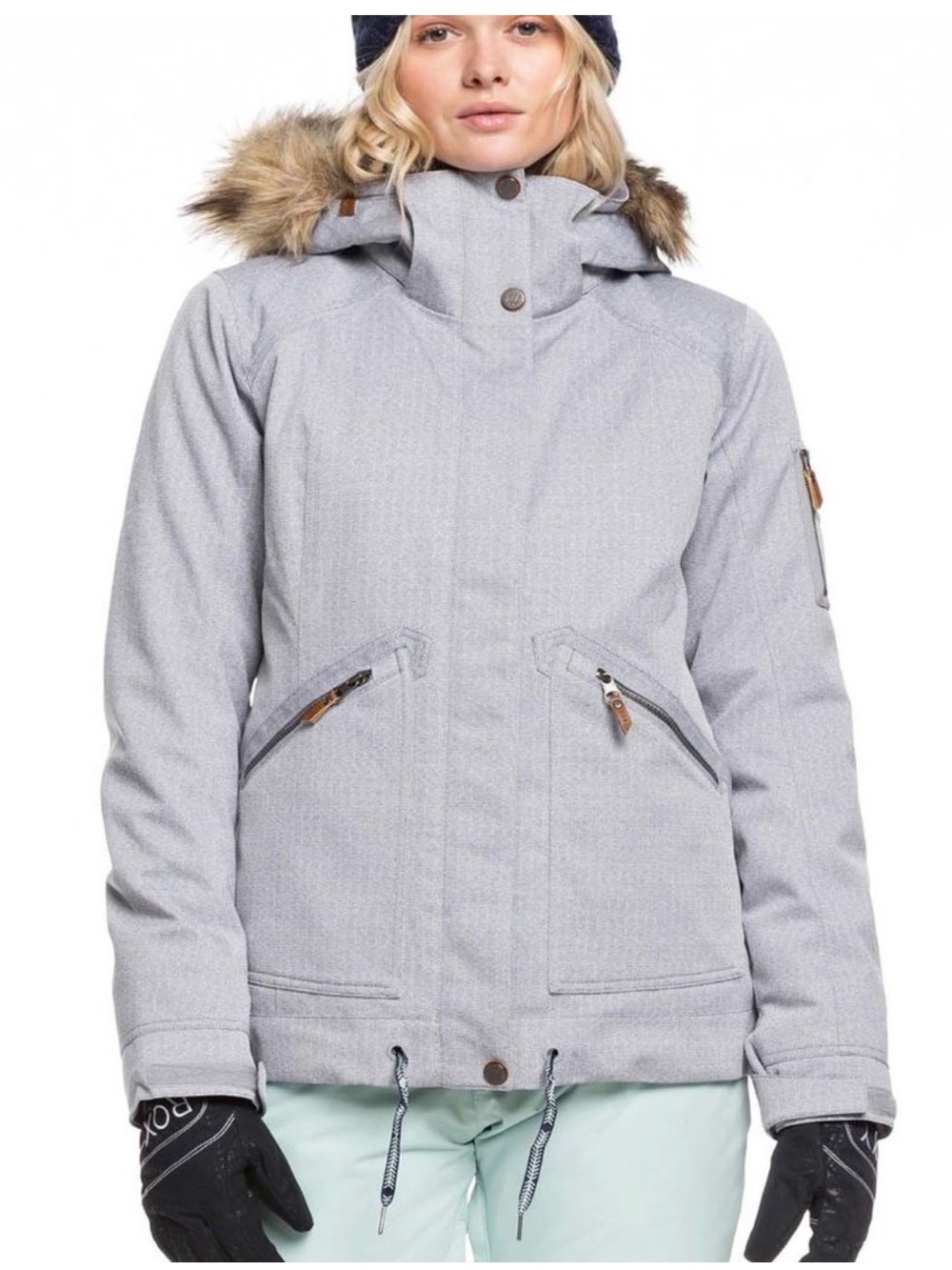 Roxy Meade Snow Ski Jacket Zip Up Faux Fur Hood Grey Size Medium